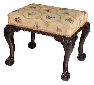 Chippendale Style Carved Mahogany Upholstered Footstool