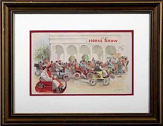 Horseless Carriages Arrive at the Horse Show-1901 period lithograph by C. J. Taylor, USA