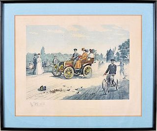 Early motoring scene, 1900, period print by Eugene Courboin, France