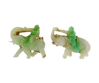 Vintage 14K Gold Jade Elephant Cufflinks