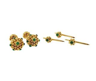 Tiffany & Co 18K Gold Emerald Cufflinks Dress Stud Set