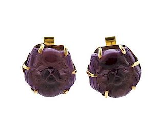 Carved Purple Stone 14k Gold Dog Cufflinks