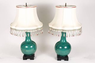 Pair of Chinese Peacock Green Glazed Lamps