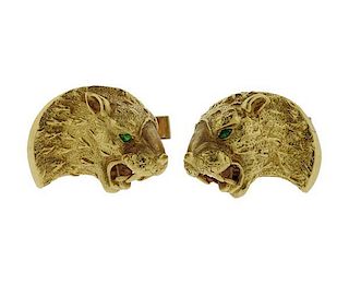 14K Gold Green Stone Tiger Head Cufflinks