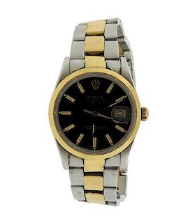 Rolex Oyster Date 18k Gold Steel Black Dial Watch 15003