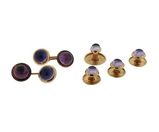 14K Gold Purple Stone Cufflinks Dress Stud Set