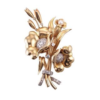 Retro 18k Gold Platinum Pearl Diamond Flower Brooch Pin