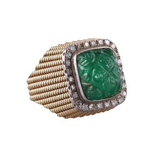 14k Gold Diamond Carved Emerald Ring
