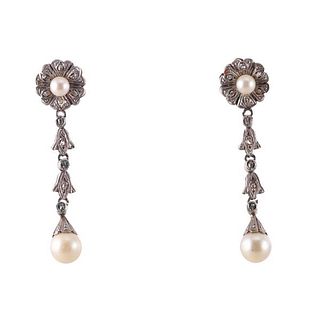 18k Gold Platinum Diamond Pearl Drop Earrings