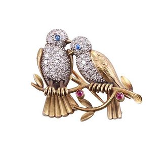 18k Gold Platinum Diamond Bird Brooch Pin