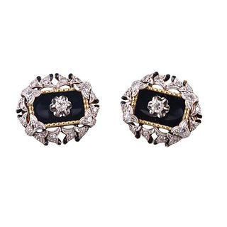 18k Gold Platinum Enamel Onyx Diamond Earrings