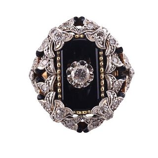 18k Gold Platinum Diamond Onyx Enamel Ring