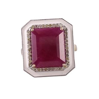 14k Gold Silver Diamond Natural Ruby Enamel Ring