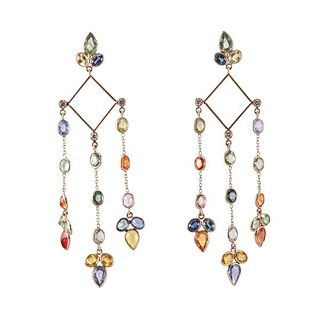 18k Gold Multi Color Sapphire Diamond Chandelier Earrings