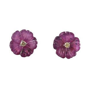 18k Gold Diamond Carved Sapphire Flower Stud Earrings
