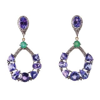 14k Gold Silver Diamond Tanzanite Emerald Drop Earrings