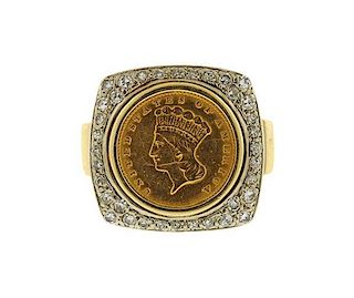 14K Gold Diamond Princess Head Coin Ring