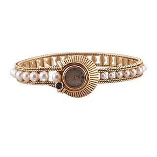 Spritzer &amp; Furhmann Retro 18k Gold Pearl Sapphire Watch Bracelet