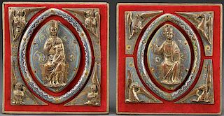 A PAIR OF LIMOGES GILT COPPER AND ENAMEL PLAQUES