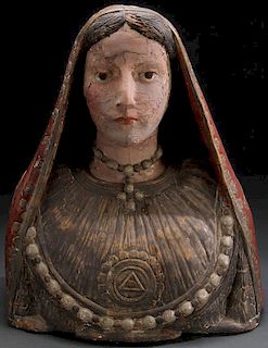 LIFE SIZE CARVED BUST OF A FEMALE SAINT, ITALIAN