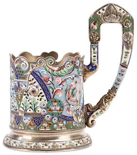 RUSSIAN SILVER & ENAMEL TEA GLASS HOLDER