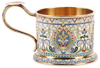 RUSSIAN SILVER & ENAMEL TEA GLASSS HOLDER