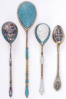 FOUR SILVER AND ENAMELED SPOONS, RUSSIAN