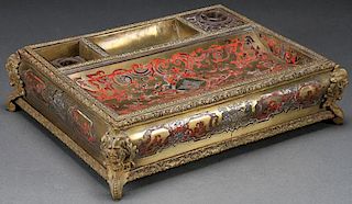A GILT BRONZE AND BOULLE INLAY DESK STAND, 19TH C