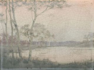 A ROOKWOOD ART POTTERY VELLUM SCENIC PLAQUE, 1912