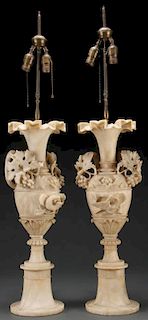 A PAIR OF ITALIAN CARVED ALABASTER URN FORM LAMPS
