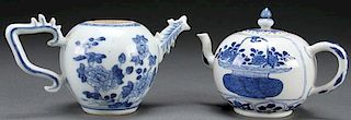 TWO CHINESE EXPORT BLUE WHITE PORCELAIN TEAPOTS