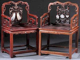 PR CHINESE CARVED DREAM STONE ARM CHAIRS
