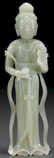 A CHINESE CARVED WHITE JADE KWAN YIN, QING