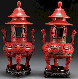 A MATCHING PAIR OF CHINESE CARVED CINNABAR CENSER