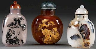 3 CHINESE CARVED AGATE SNUFF BOTTLES