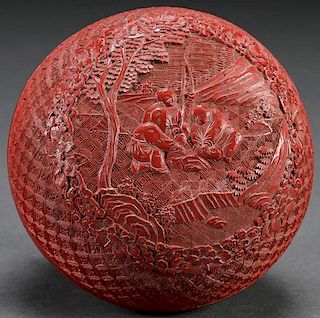 A CHINESE CARVED CINNABAR COVERED ROUND BOX