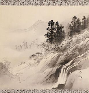 A CHINESE PAINTING ON SILK OF A MOUNTAINOUS SCENE
