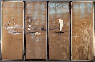 JAPANESE 4 PANEL SCENIC EMBROIDERED SILK SCREEN