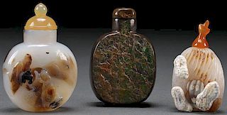 CHINESE CARVED AGATE AND AMMOLITE SNUFF BOTTLES