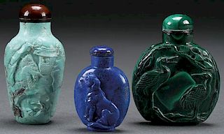 THREE CHINESE CARVED PRECIOUS STONE SNUFF BOTTLES
