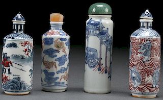 FOUR CHINESE BLUE WHITE PORCELAIN SNUFF BOTTLES