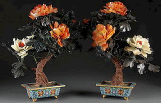 CHINESE FLOWERING HARDSTONE TREES WITH CLOISONNE