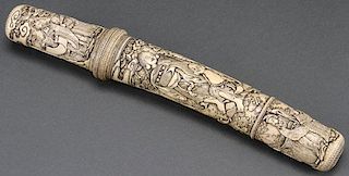 A JAPANESE CARVED IVORY HANDLED AND CASED TANTO (