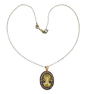 Gold Citrine Paste Oval Pendant Necklace