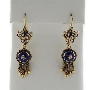 Antique 14k Gold Blue Enamel Pearl Tassel Earrings