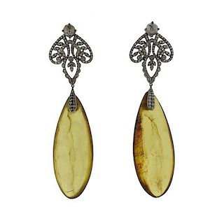 Bochic 18K Gold Diamond Amber Drop Earrings