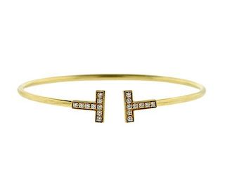 Tiffany & Co T 18K Gold Diamond Wire Bracelet