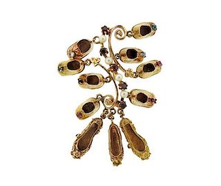 14k Gold Color Stone Shoe Charm Brooch