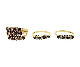 14k Gold Ruby Sapphire Diamond Ring Lot of 3