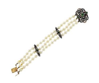Continental 18K Gold Silver Diamond Emerald Pearl Bracelet